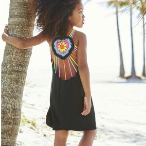 Little Pexioto Black Mona Dress Colorful crocheted heart back